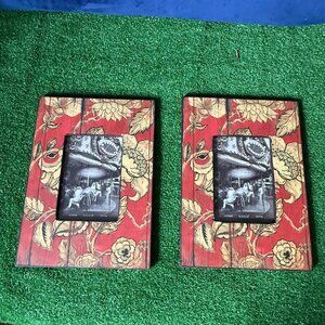 Two Sicura Italian Designs Red Gold Garden Floral Decoupage Wood Picture Frame